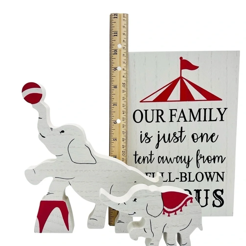 Whimsical Elephant Circus Family Red & White Wooden Sign Set of 3 Home Decor NEW